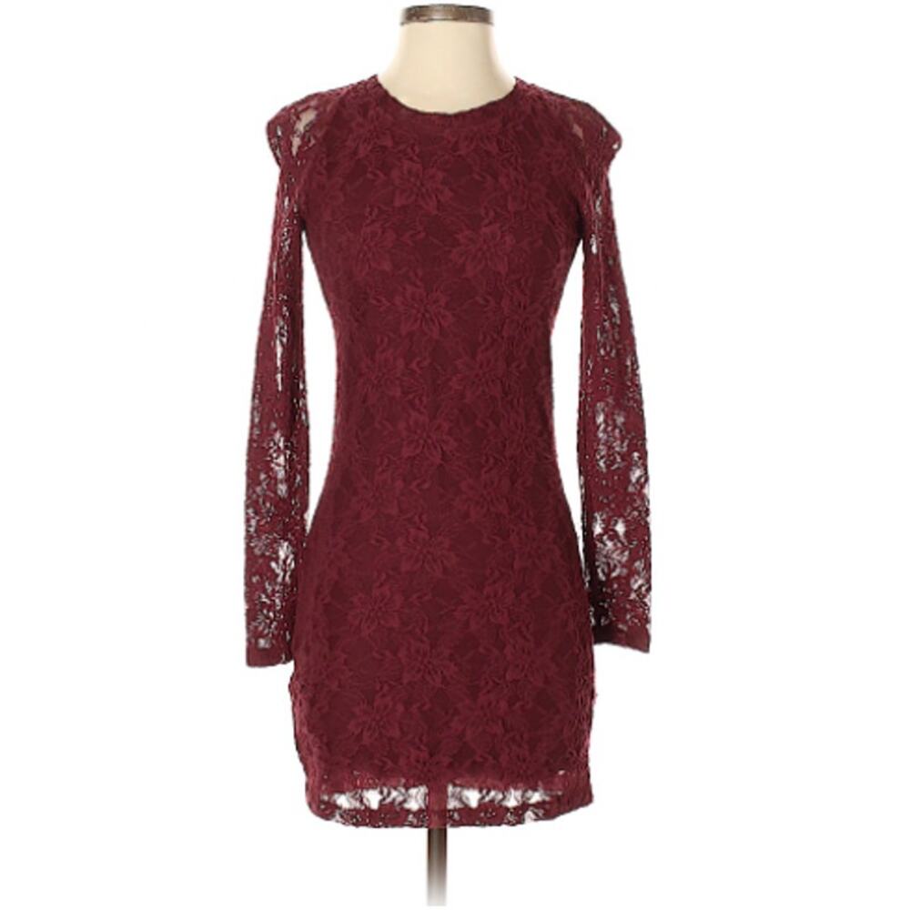 Sunday Best Aritzia Burgundy Floral Lace Long Sleeve Mini Dress XS FRL2-8416-44